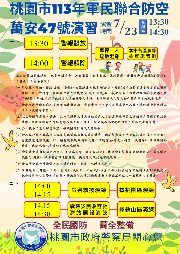 113年7月23日下午1時30分至2時實施軍民聯合防空（萬安47號）演習