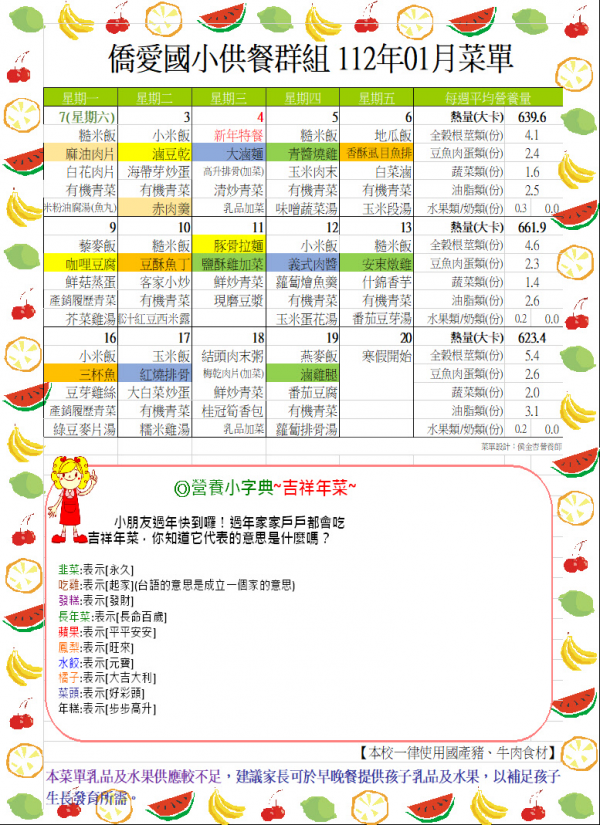 112年1月菜單公告